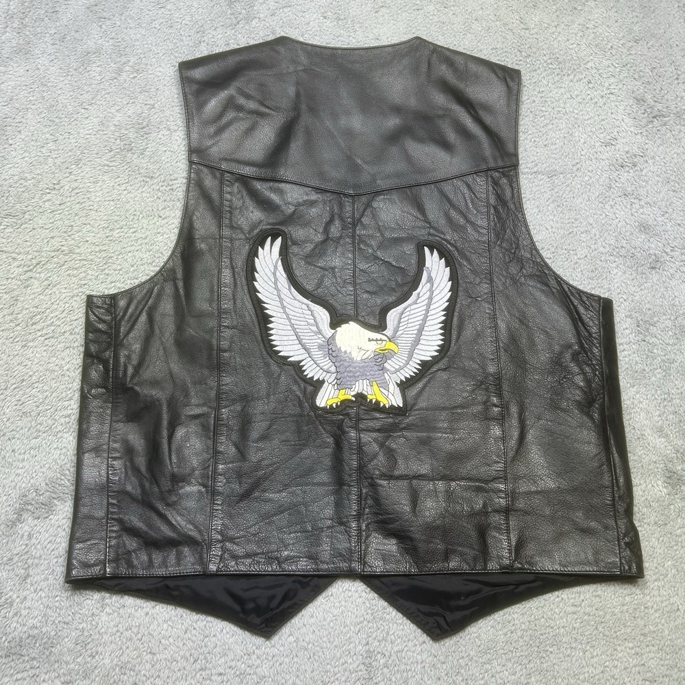 Vintage FMC Vest Men's 46‎ Black Leather Biker Motorcycle Riding Eagle On Back
